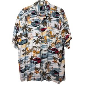 Retro Islander Mens Extra Large XL Hawaiian Shirt Cars Palm Trees Rayon Vacation